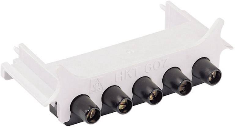 Ein weißer, rechteckiger Halter mit fünf schwarzen, zylindrischen Steckplätzen, die elektronischen Komponenten unterstützen.