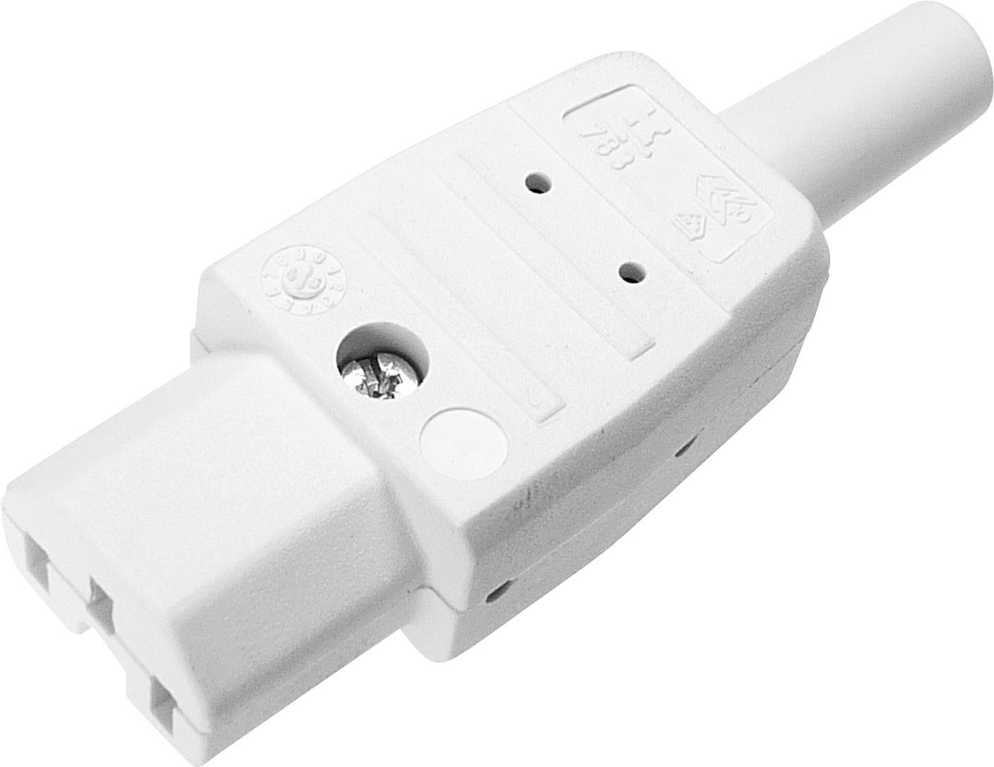 Ein weißer elektrischer Steckeradapter mit zwei Löchern und einem Schraubverschluss für Kabel, geeignet für den Anschluss an ein Gerät.