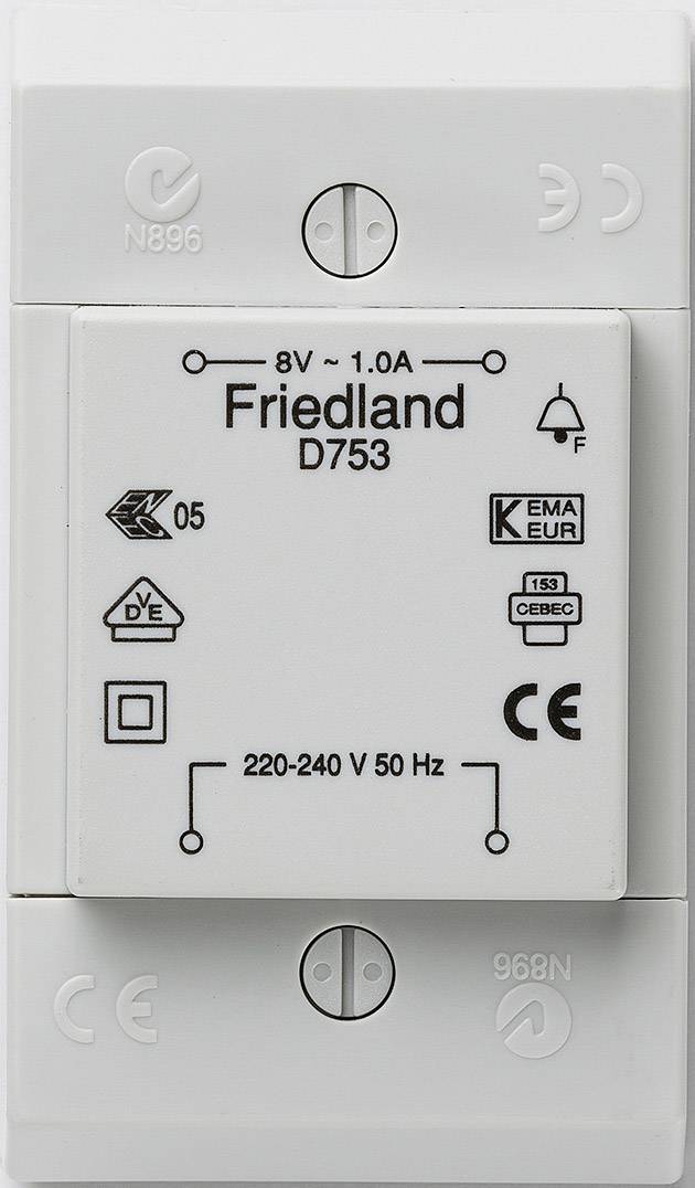 'Friedland D753' Türklingel-Transformator. Aufschrift: '8V ~ 1.0A', Zertifizierungen und Spezifikationen angegeben, inklusive 'CE'-Kennzeichnung.