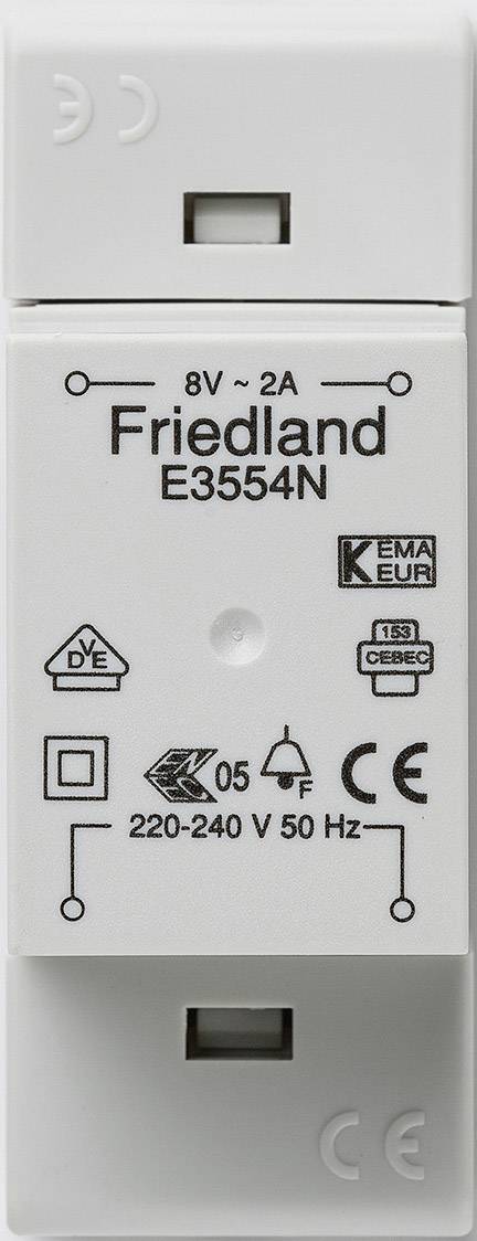 'Friedland E3554N' Klingeltransformator, 8V-2A, 220-240V 50Hz. Weißes Gehäuse mit diversen Sicherheits- und Prüfsiegeln aufgedruckt.