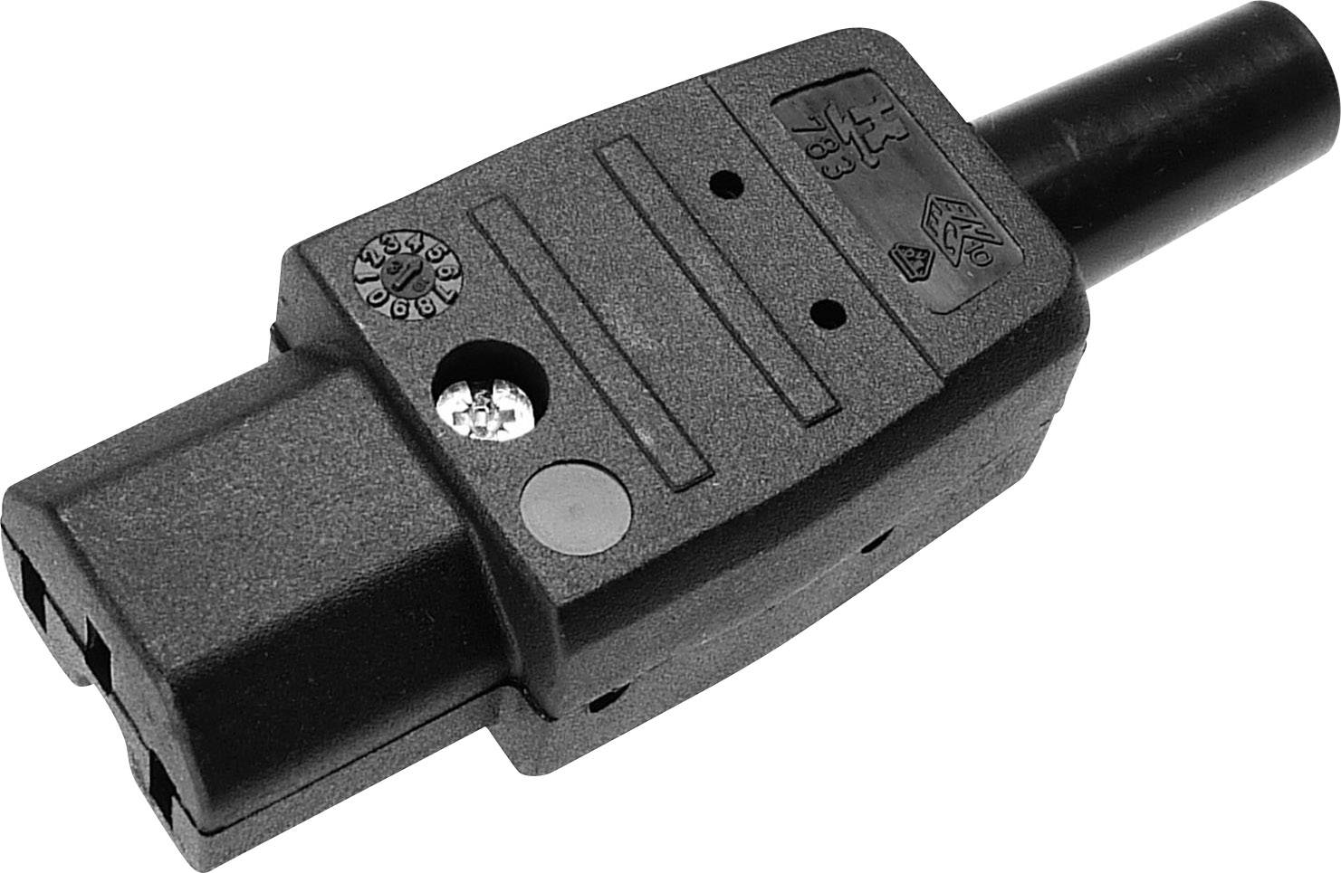 Schwarzer Elektronikstecker mit rechteckigem Gehäuse und runder Öffnung am Ende, geeignet für elektrische Anschlüsse.