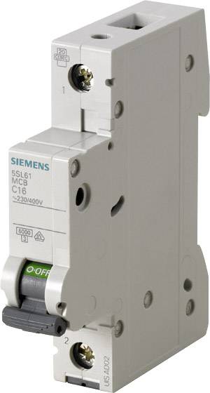 Leistungsschalter mit der Aufschrift 'Siemens 5SL61 MCB C16', geeignet für 230/400V. Zeigt Schalthebel im 'ON'-Zustand.