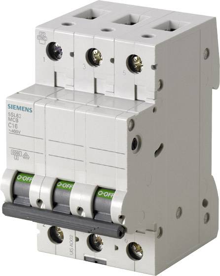 Ein dreipoliger Leitungsschutzschalter mit grün markierten 'OFF'-Schaltern. Modell Siemens 5SL6 C16, geeignet für 400 V.