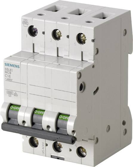 Dreipoliger Sicherungsautomat von Siemens, Serie 5SL6, Typ C16, für AC 400V, zeigt Schalter in 'OFF'-Position.
