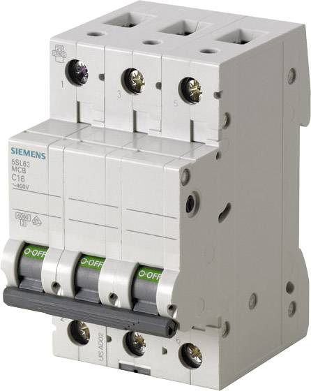 Ein dreipoliger Siemens-Leistungsschalter mit aufgedruckter Beschriftung 'MCB C16'. Schalter in 'OFF'-Position.