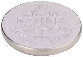 Runde, silberne Lithium-Batterie mit der Aufschrift '3V Lithium Renata CR1220 Swiss Made'.