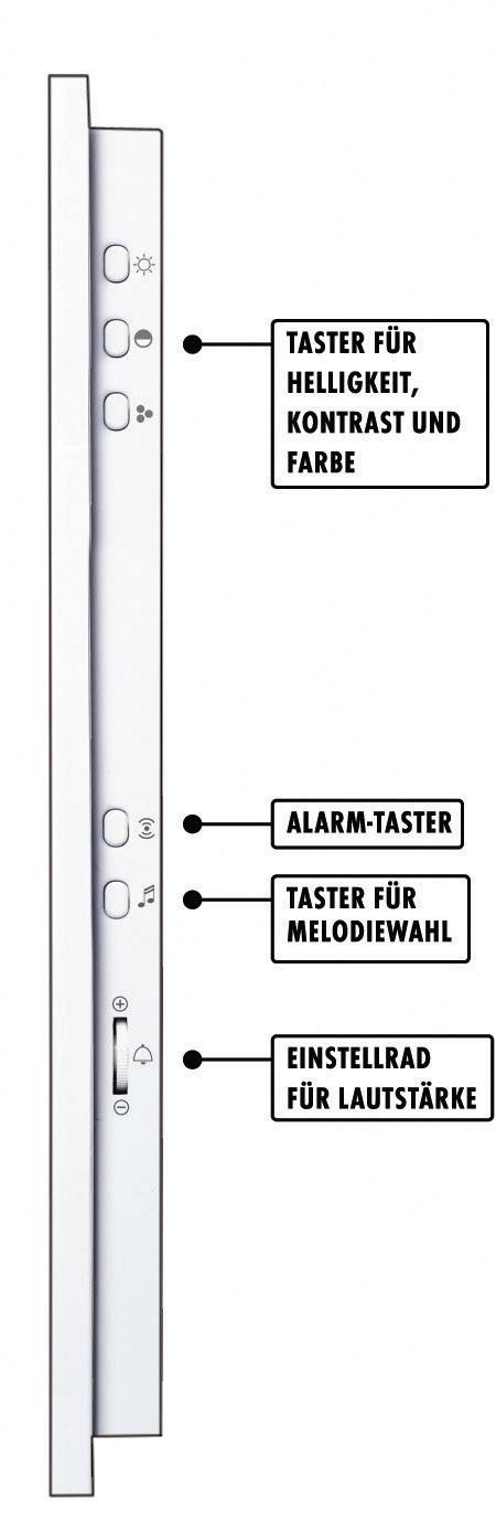 Seitliche Ansicht einer Fernbedienung mit Tastern für Helligkeit, Kontrast, Farbe, Alarm, Melodiewahl und einem Einstellrad für Lautstärke.