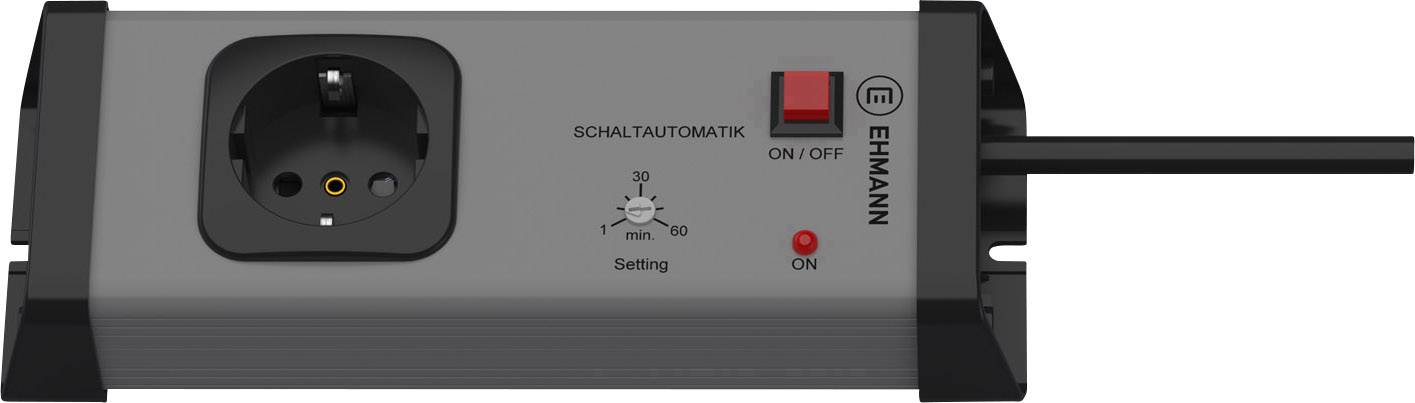 Elektronisches Gerät mit Steckdose, rotem Schalter und Zeiteinstellrad von 10 bis 60 Minuten. Marke: Ehmann.