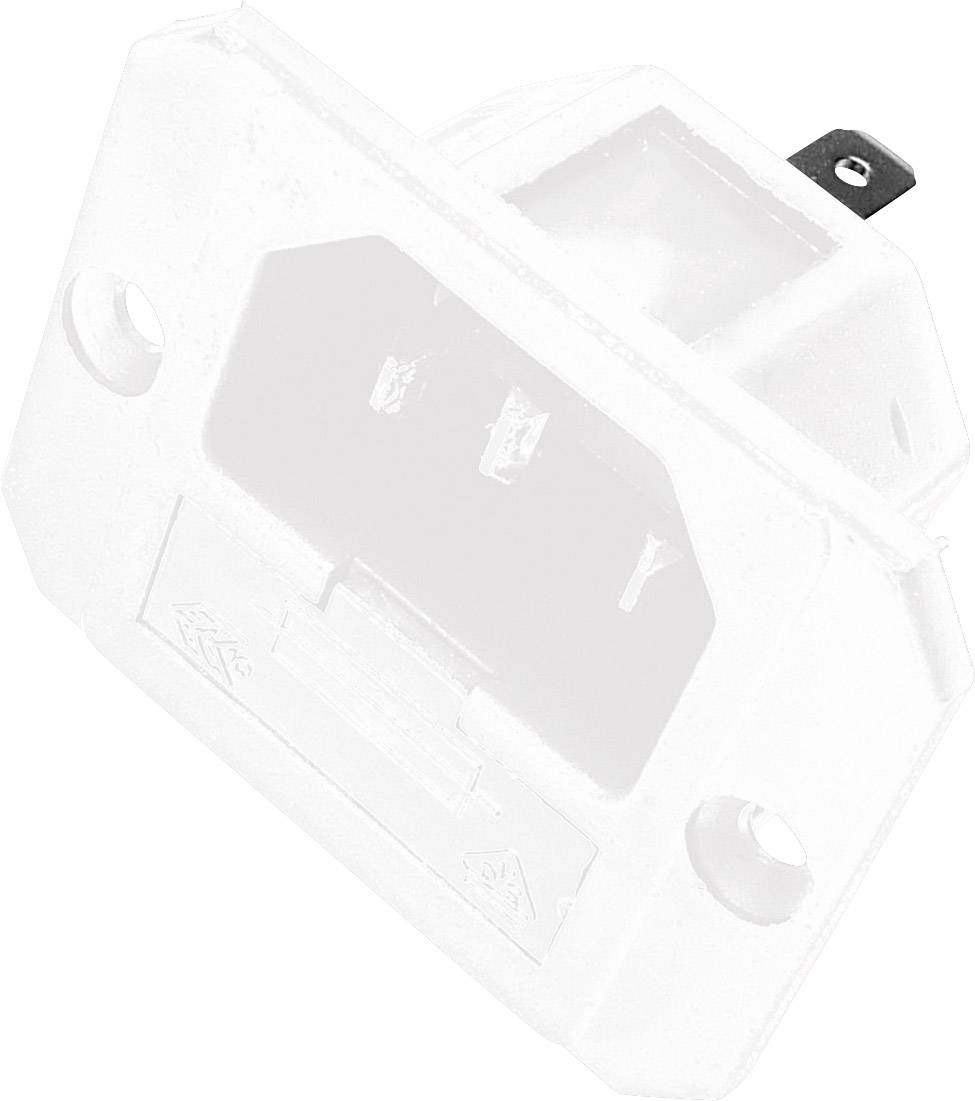 Ein weißer IEC-Steckverbinder mit drei Stiften, in einem rechteckigen Gehäuse mit zwei Befestigungslöchern.