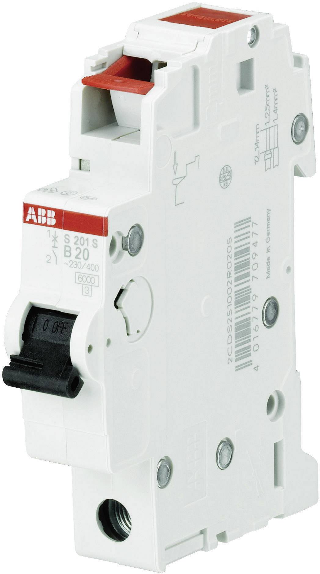 Ein weißer Sicherungsautomat mit schwarzem Kippschalter und Abdeckungen. Oben ein roter Entriegelungsknopf. Typ B20, 230/400 V, von ABB.