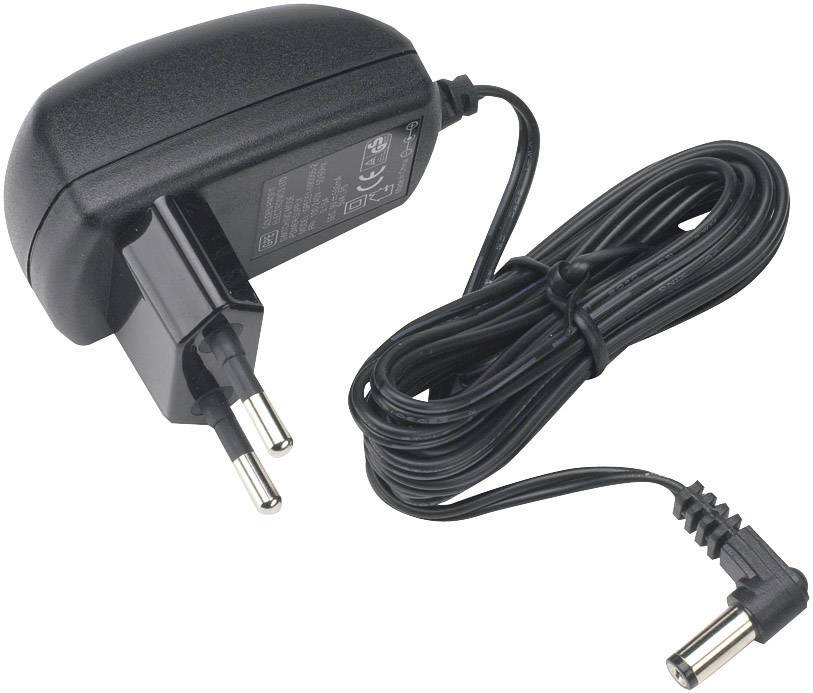 Schwarzes Netzteil mit Eurostecker und Kabel, das für elektronische Geräte verwendet wird.