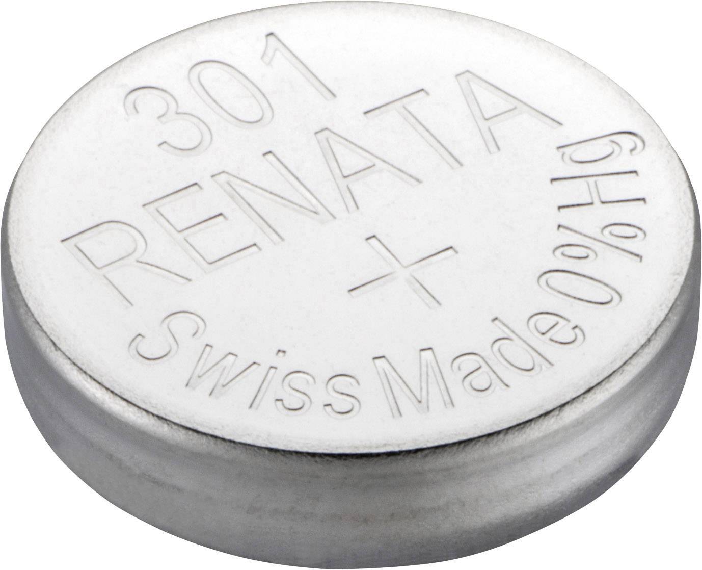 Silberne Knopfzellenbatterie mit Aufschrift '301 RENATA Swiss Made 0% Hg', zeigt Marke und Herkunft der Batterie.