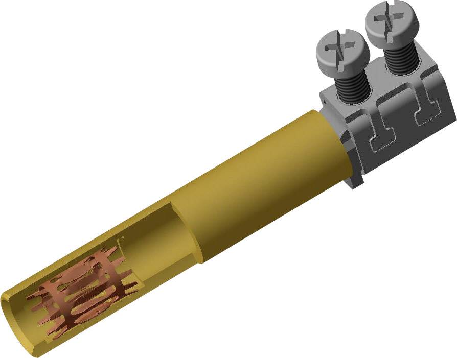 Ein 3D-Rendering eines elektrischen Steckverbinders aus Metall und Kunststoff mit Schraubklemmen, dargestellt in Gelb und Grau.