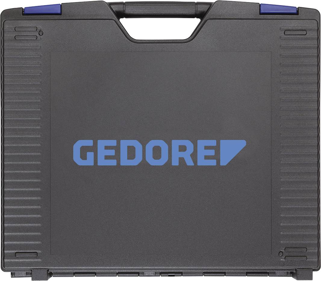 Schwarzer Werkzeugkoffer mit blauem 'GEDORE'-Logo in der Mitte, Griff oben, gerippte Details an den Seiten, geschlossen.