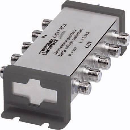 Rechteckiger Metallkomponentenverteiler mit mehreren Anschlüssen und Beschriftung 'Surge voltage protection'.