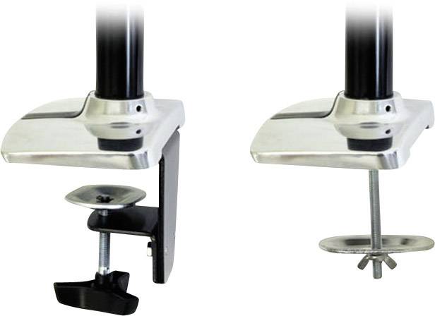 Zwei Tischklemmen zur Befestigung, eine mit Schraubmechanismus, die andere mit Flügelmutter, beide in metallischer Optik.