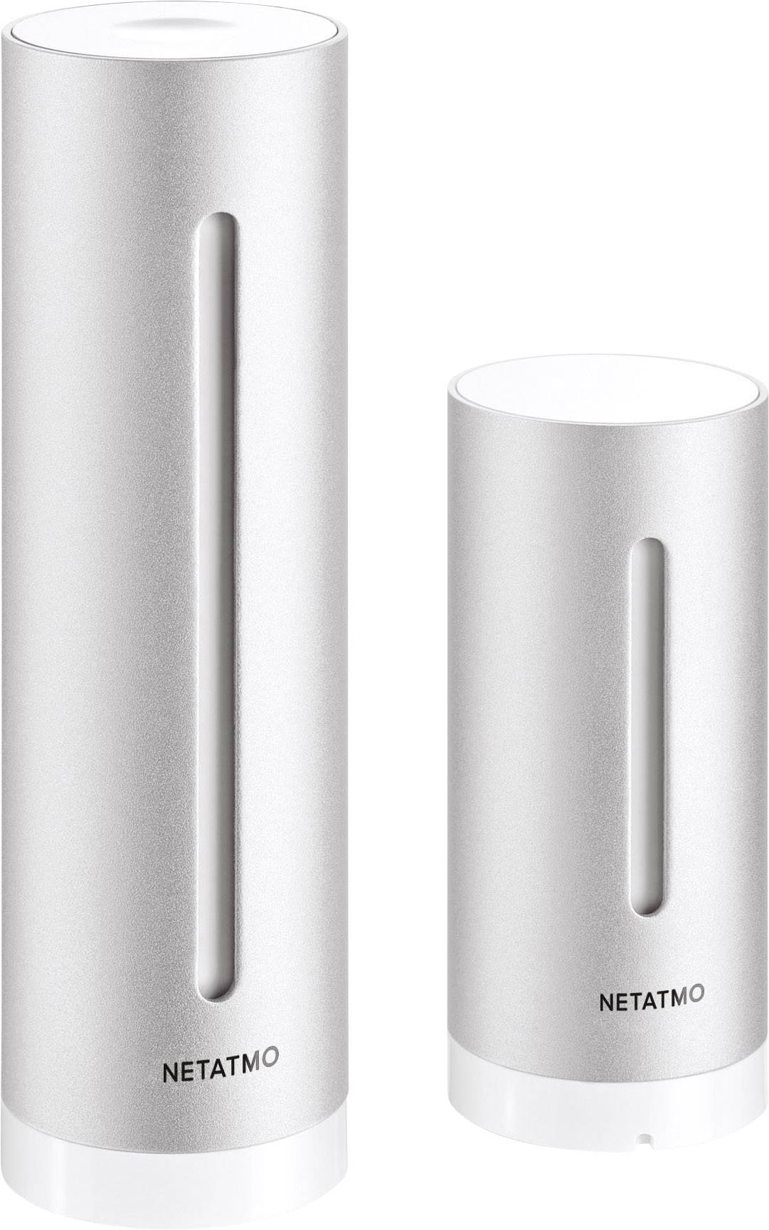 Zwei silberne, zylinderförmige Wetterstationmodule der Marke Netatmo. Links: größeres Modul, rechts: kleineres Modul.