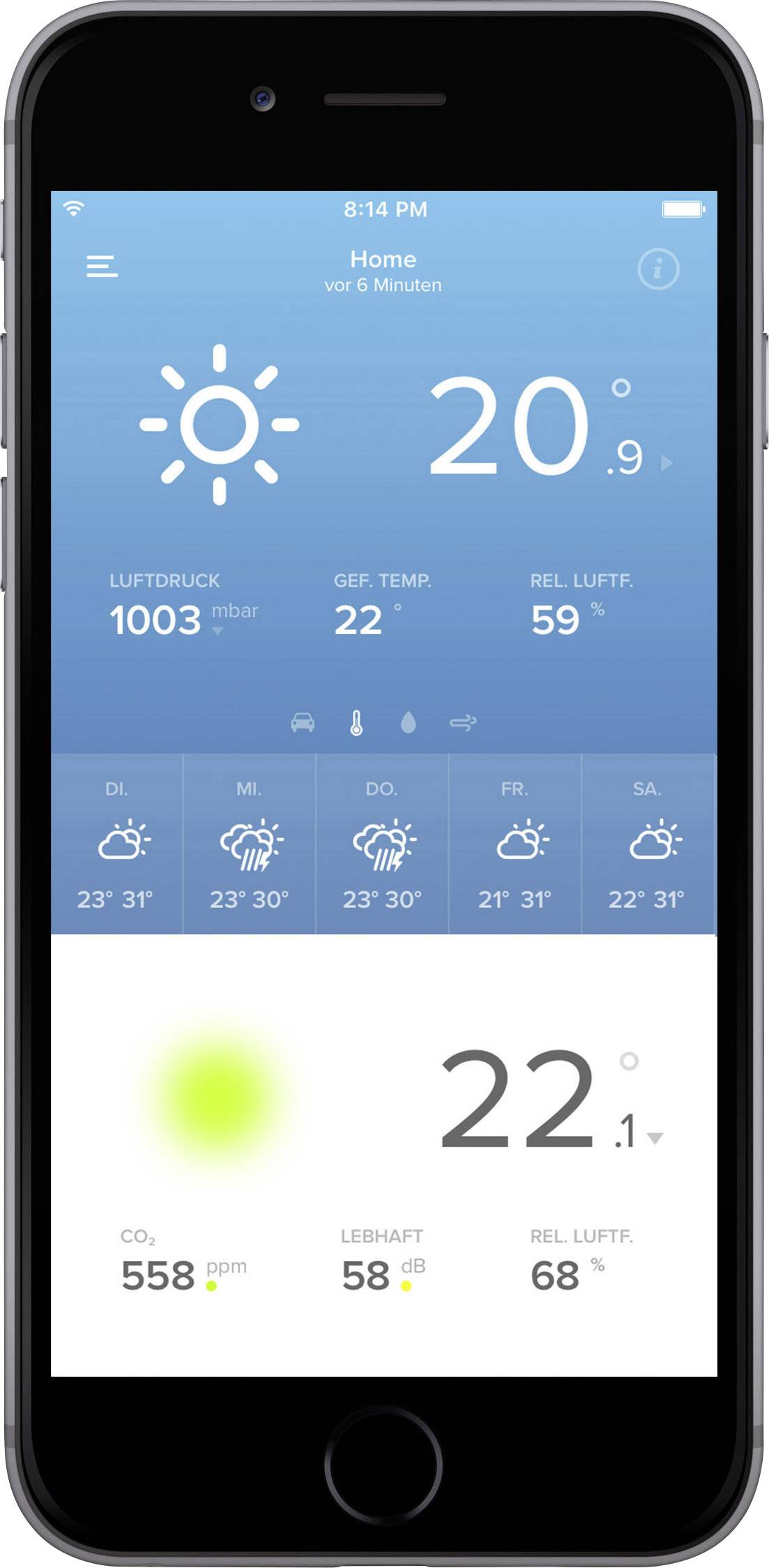 Eine Wetter-App auf einem Smartphone zeigt: 20 Grad Celsius, sonnig. Weitere Details: Luftdruck 1003 mbar, gefühlte Temp. 22, Feuchtigkeit 59%.