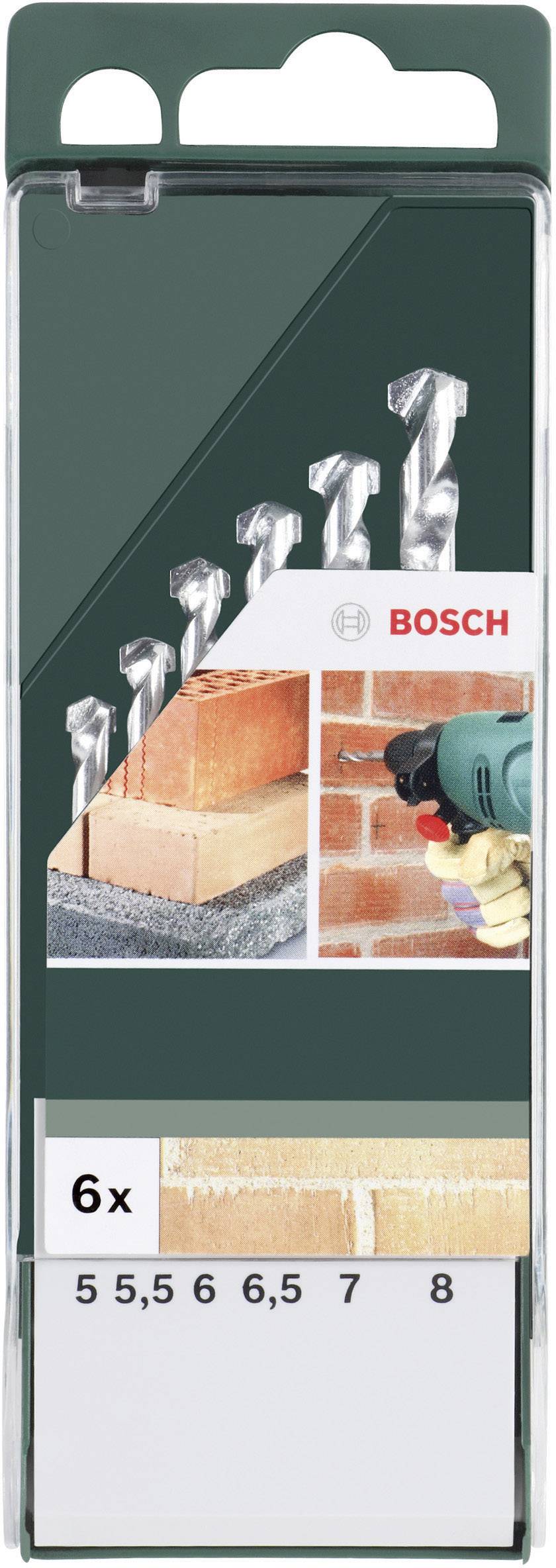 Bosch Bohrer-Set, 6 Stück: 5, 5, 6, 6,5, 7, 8 mm. Geeignet zum Bohren in Steinwänden. Bild zeigt Bohrer und Einsatz am Ziegelstein.