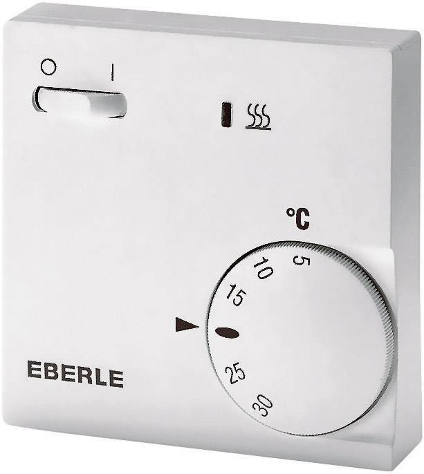 Ein weißes Thermostat mit Schiebetaste und Drehregler. Temperaturen von 5 bis 30 Grad Celsius sind angezeigt. Markierung auf 20 Grad.