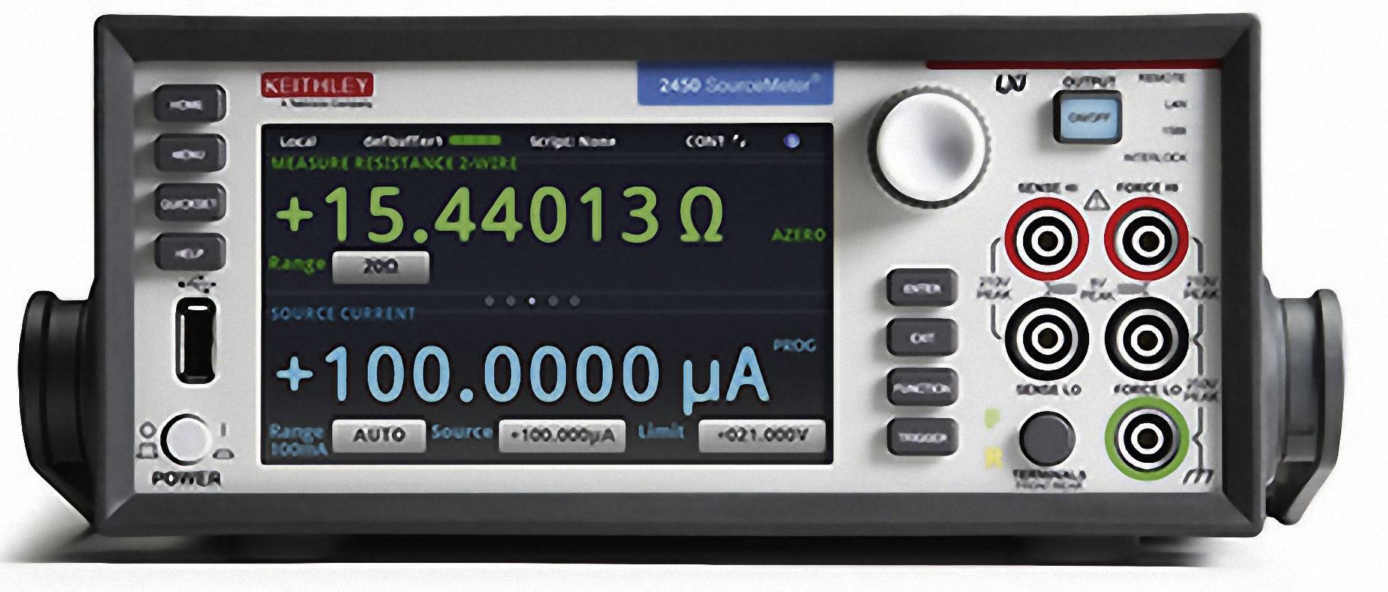 Ein digitales Multimeter zeigt eine Messung von +15,44013 Ohm an. Das Gerät hat mehrere Anschlüsse und Bedienelemente.