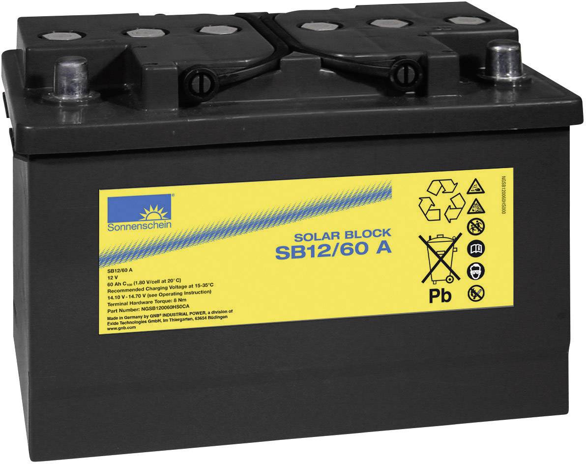 Batterie mit gelbem Aufkleber, Marke 'Sonnenschein', Modell 'Solar Block SB12/60 A', geeignet für Solaranwendungen.
