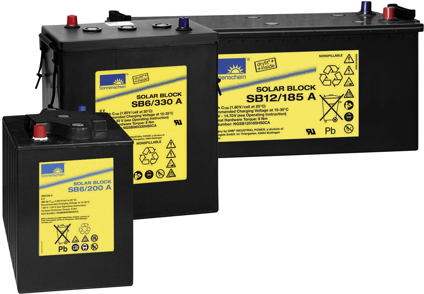 Drei Solarbatterien von Sonnenschein: SB6/200 A, SB6/330 A und SB12/185 A, mit gelben Etiketten. Geeignet für Solaranwendungen.