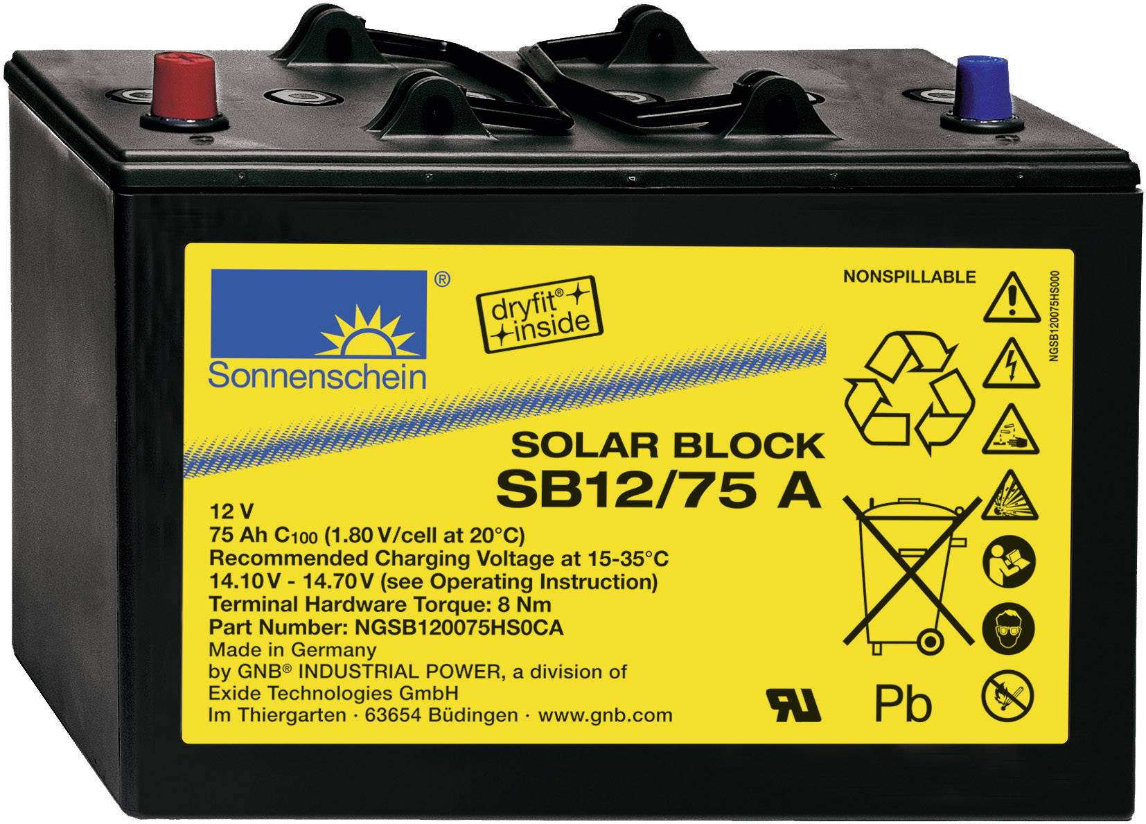 '12V Solar Block Batterie' mit 75 Ah, hergestellt von 'Sonnenschein', zeigt Symbole für Sicherheit und Anweisungen zur Nutzung und Aufladung.