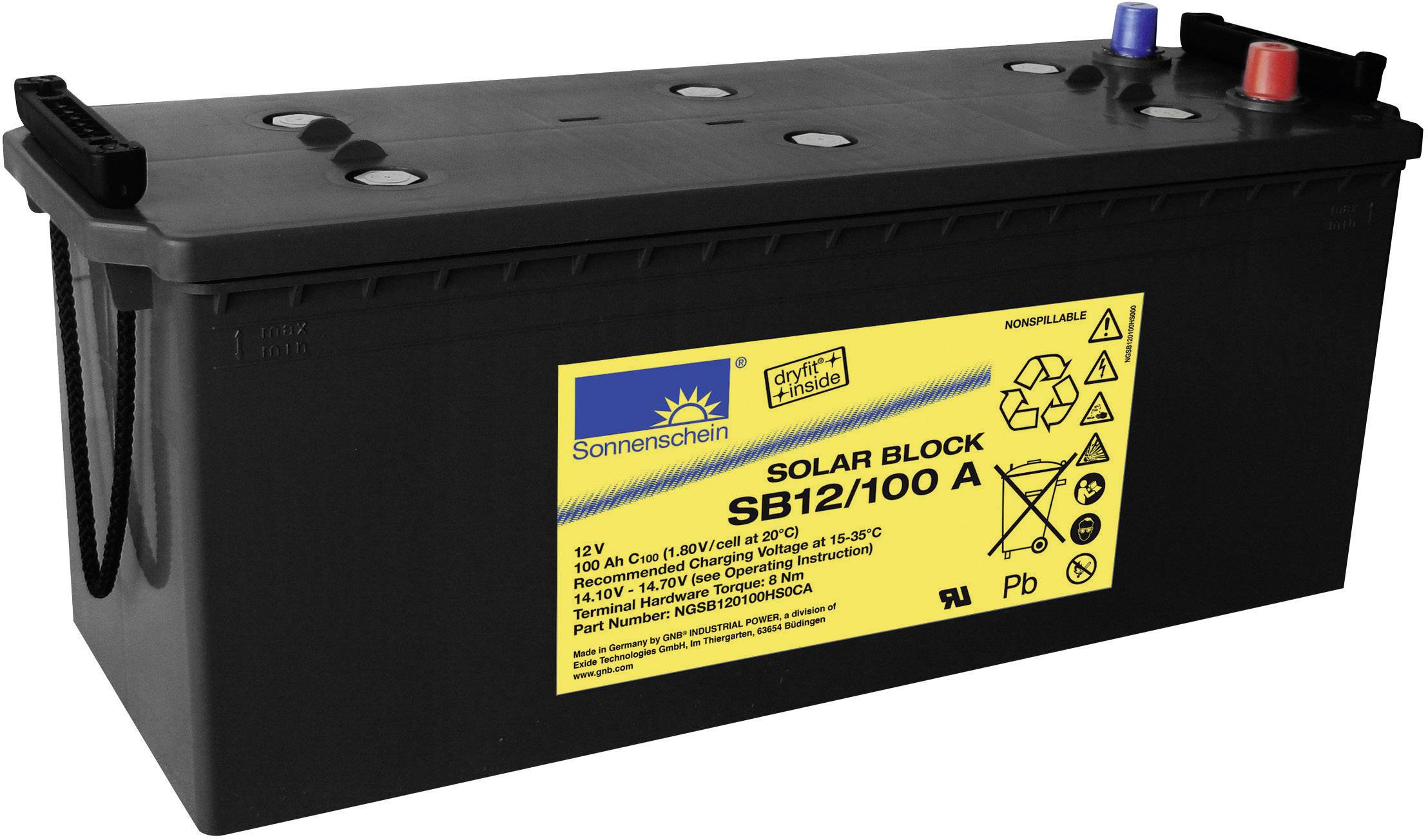 Schwarze Solarbatterie mit gelbem Etikett. Text darauf: 'Solar Block SB12/100 A, 12V, 100Ah'. Zeigt Recycling- und Vorsichtssymbole.