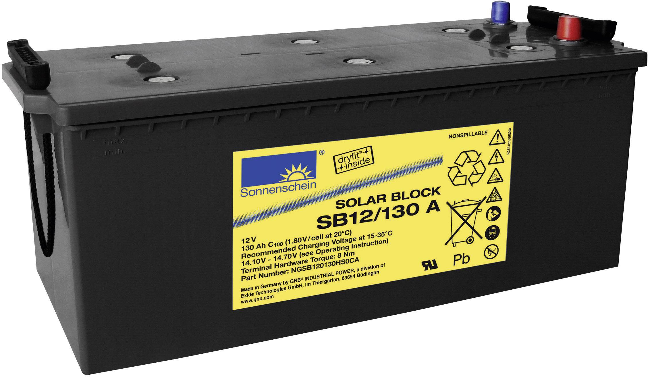 Schwarze Autobatterie mit gelbem Aufkleber, Beschriftung: 'SonnenSchein Solar Block SB12/130 A, 12V, 130 Ah C100, für Solaranwendungen'.