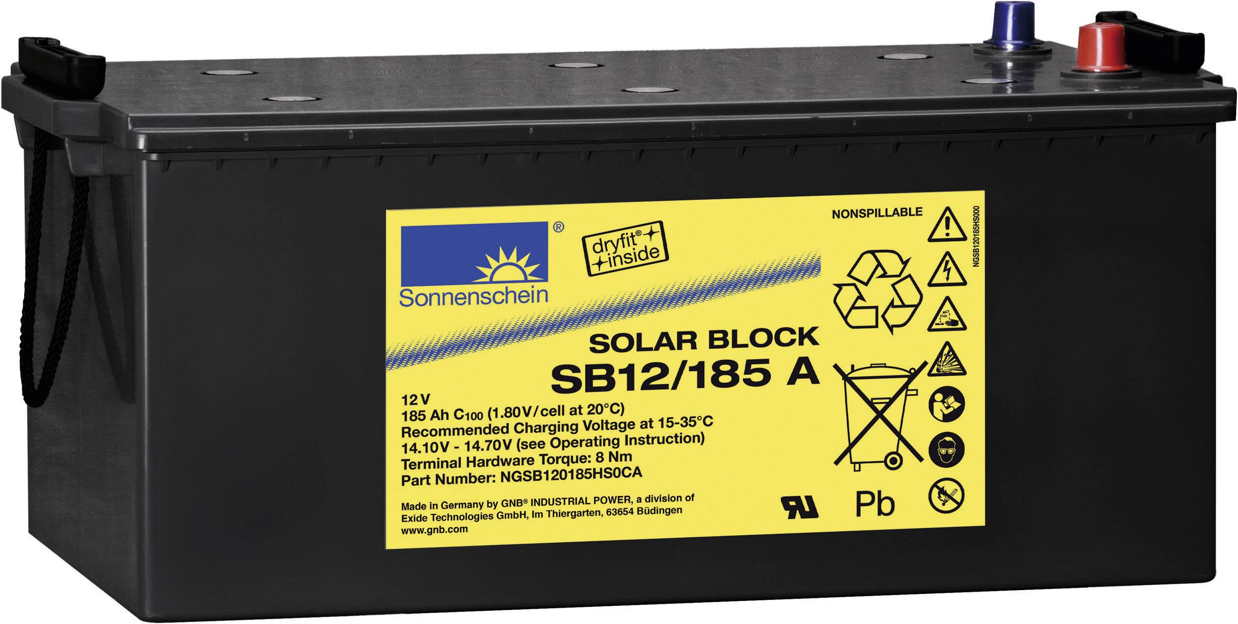 Eine schwarze Batterie mit gelbem Etikett, das die Marke 'Sonnenschein', den Typ 'SB12/185 A', 12V und technische Spezifikationen zeigt.