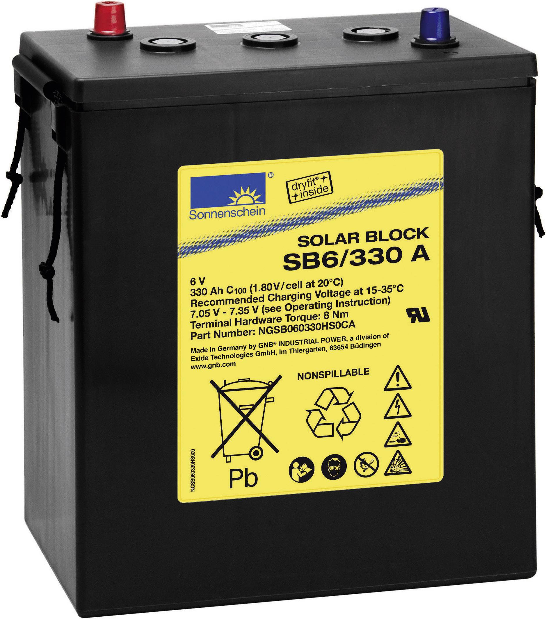 Batterie mit gelbem Etikett: 'Solar Block SB6/330 A'. 6V, 330Ah. Anwendung bei 15-35°C empfohlen. Pole oben: schwarz, blau, rot.