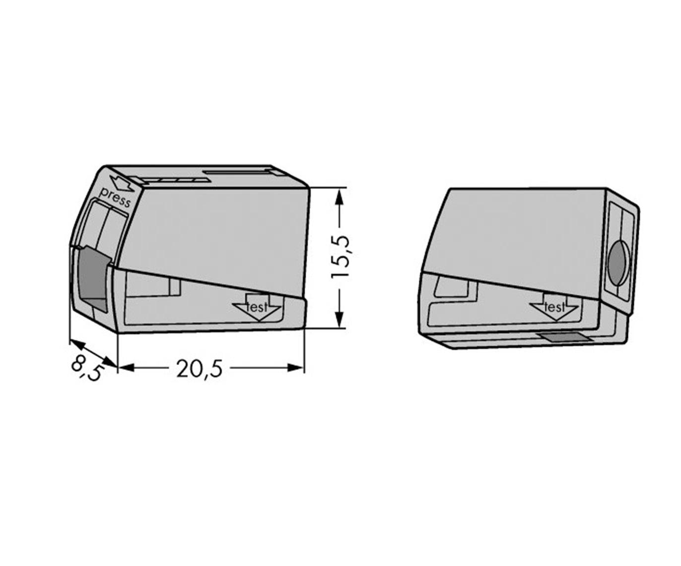 Grauer Drucker mit den Maßen 20,5 cm breit, 15,5 cm hoch und 8,5 cm tief. Der Drucker hat einen Knopf mit der Aufschrift 'press'.