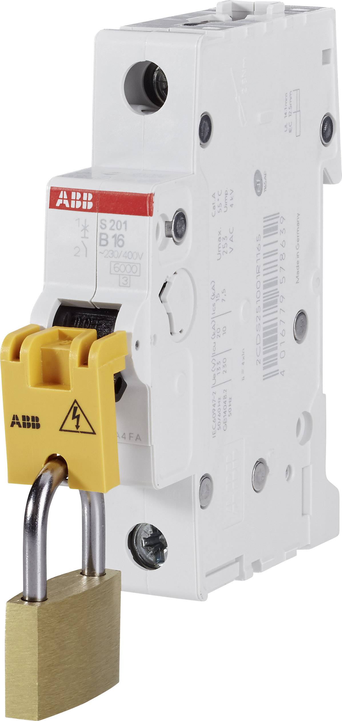 Ein Sicherungsautomat von ABB mit einem gelben Schloss gesichert. Das Schloss zeigt ein Warnsymbol für elektrische Gefahren.