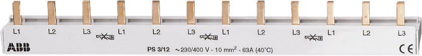 Kupferschiene mit mehreren Anschlussklemmen, beschriftet mit 'L1', 'L2', 'L3' und der Aufschrift 'ABB PS 3/12'.