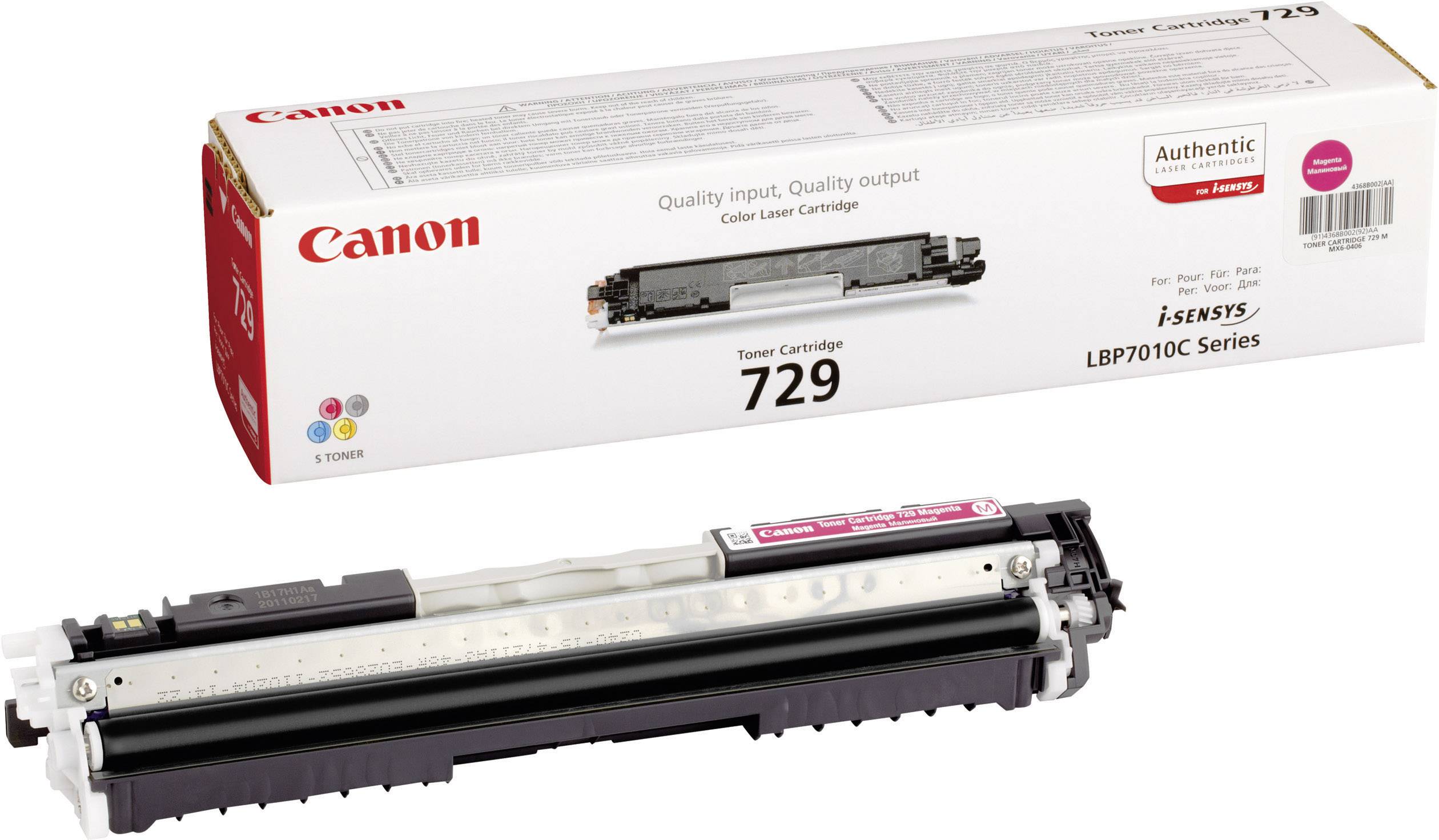 Canon-Tonerkartusche Modell 729 für i-Sensys LBP7010C Serie, abgebildet vor ihrer Verpackung.