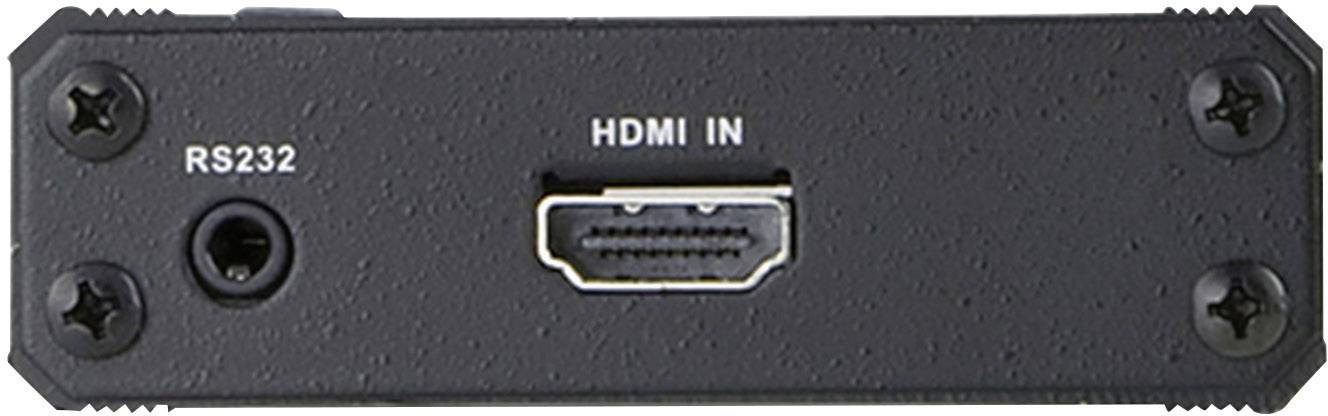 Rückansicht eines Geräts mit HDMI-Eingang und RS232-Anschluss, umgeben von vier Schrauben.
