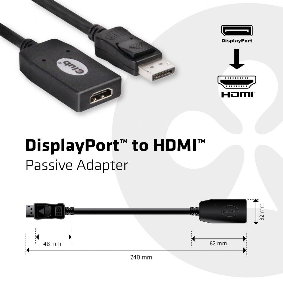 club3D CAC-1001 DisplayPort / HDMI Adapter [1x DisplayPort Stecker - 1x HDMI-Buchse] Schwarz 20.00 cm