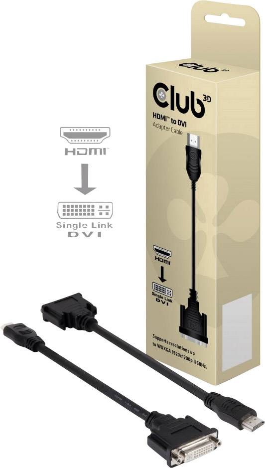 HDMI-zu-DVI-Adapterkabel. Verpackung zeigt Kabel, mit Anschlussarten HDMI und Single Link DVI. Unterstützt 1080p Auflösung.