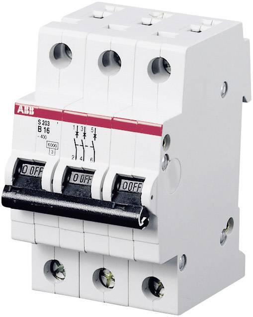 Dreipoliger Sicherungsautomat, Modell S203 B16, zeigt Hebel in der 'OFF'-Position. Geeignet für industrielle Stromkreissicherungen.