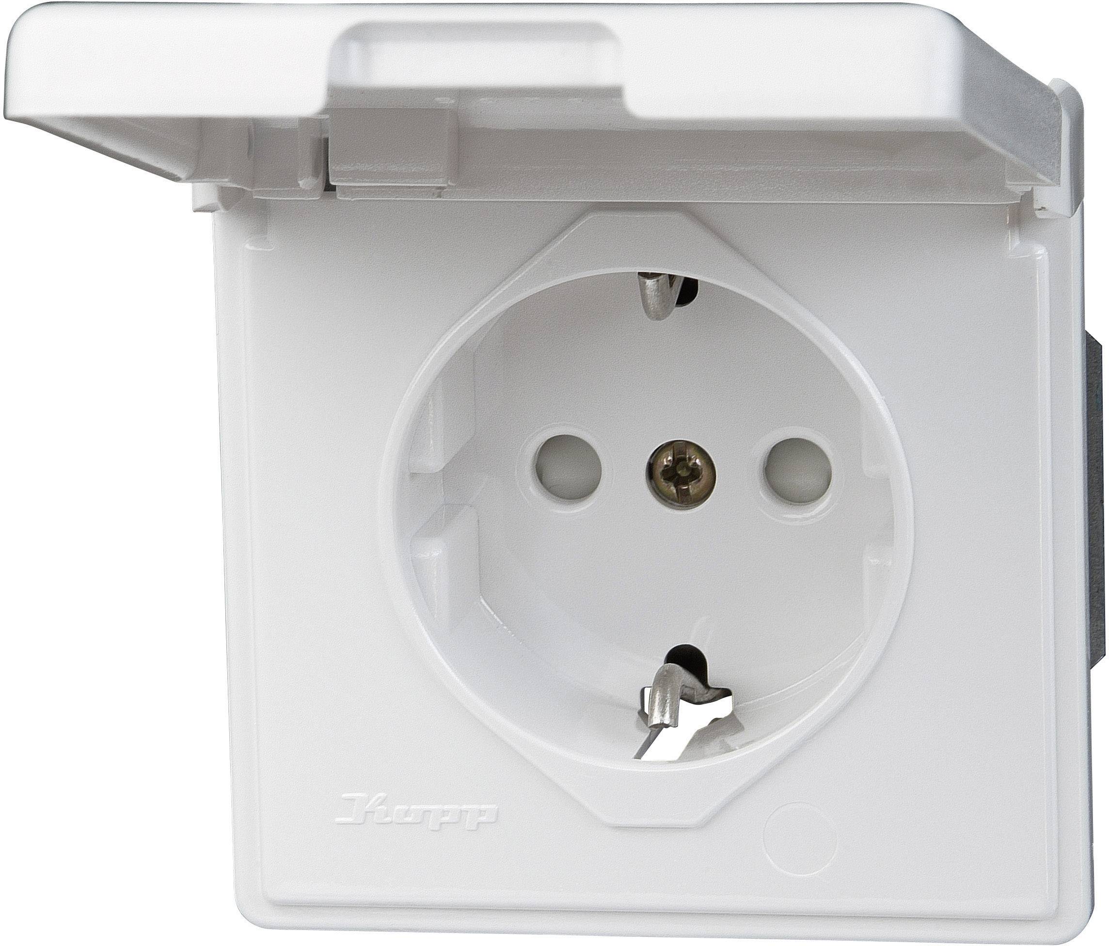Weiße Außensteckdose mit Klappabdeckung, geöffnet. Steckdose zeigt euro-normierte Öffnungen für Stecker.