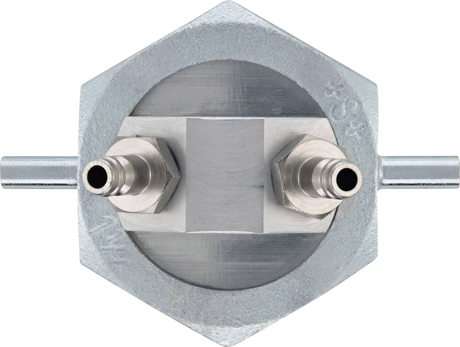 Ansicht eines sechseckigen Metallteils mit zwei seitlichen Anschlüssen. Möglicherweise handelt es sich um ein Verbindungselement.
