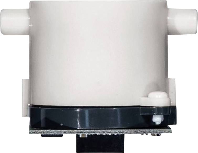 Ein weißer, zylindrischer elektronischer Sensor mit zwei seitlichen Anschlüssen, montiert auf einer schwarzen rechteckigen Basis.