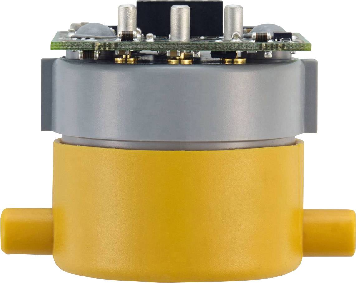 Elektronisches Bauteil mit gelbem Gehäuse und Leiterplatte, zeigt einen Sensor oder Modul.