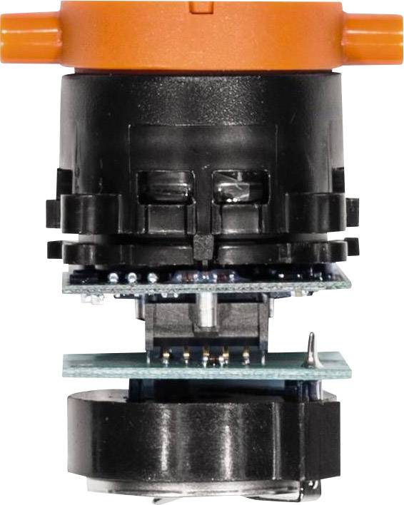 Schwarze und orangefarbene elektronische Komponente mit mehreren Schichten, darunter elektronische Platine, von der Seite gezeigt.