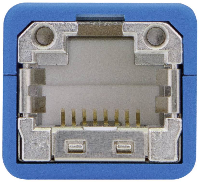 Nahaufnahme eines Ethernet-Anschlusses, quadratisch, blau umrandet, mit metallischen Kontakten innen.