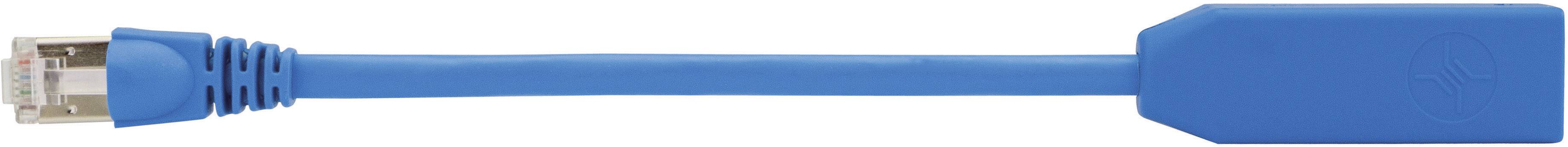 Ein blaues Ethernet-Kabel mit einem RJ45-Stecker links und einer rechteckigen Abdeckung rechts.