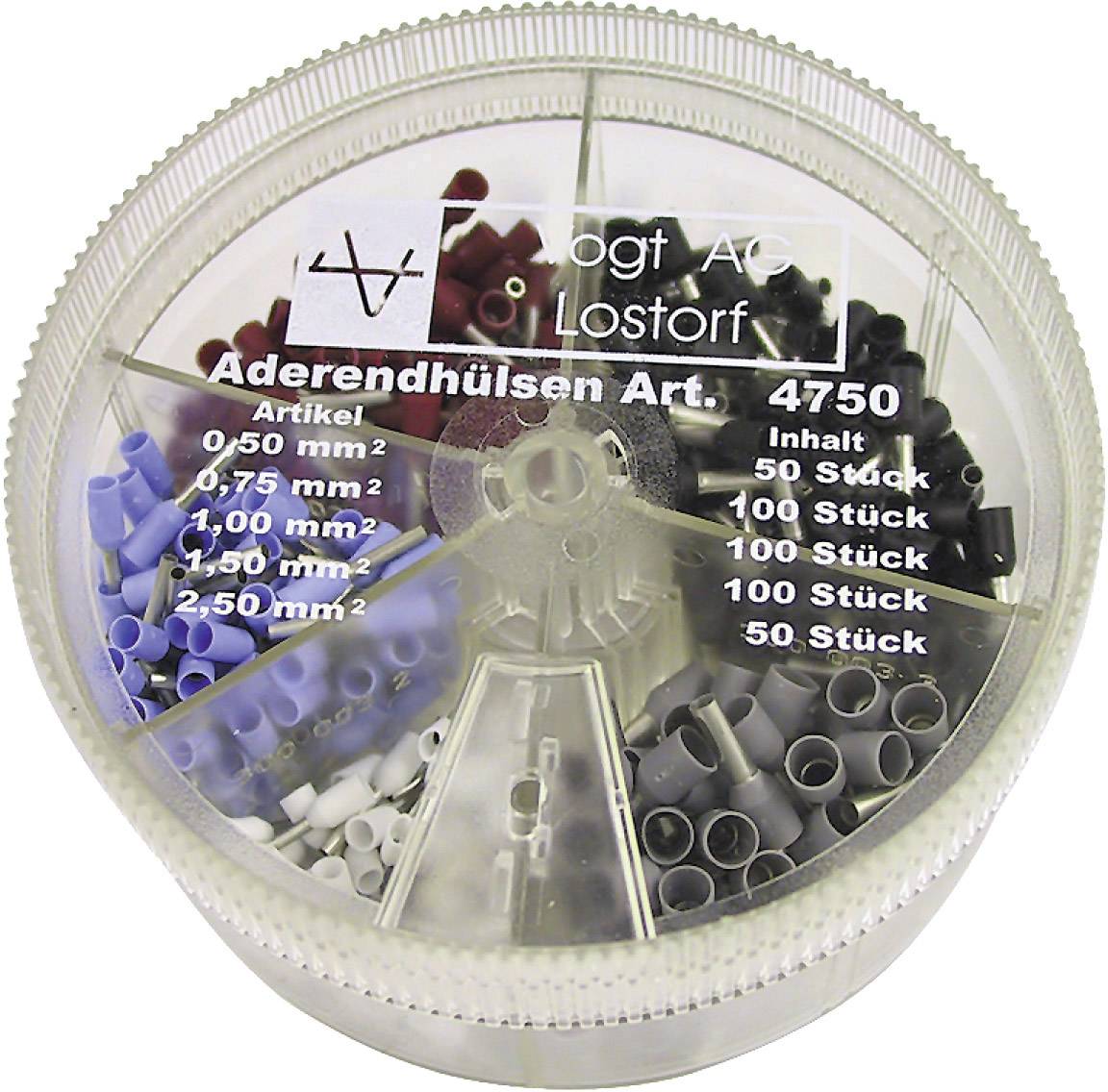 Runde Box mit verschiedenen farbigen Aderendhülsen. Etikettiert als 'Vogt AG, Lostorf', Artikelnummer 4750, mit Größenangaben.
