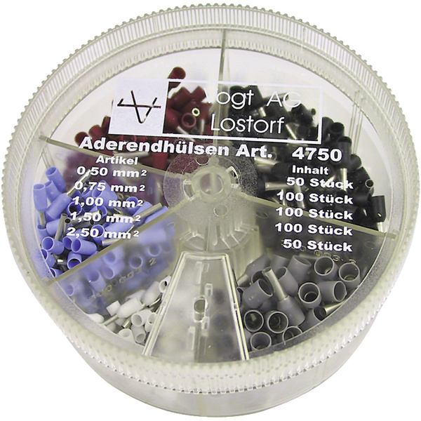 Vogt Verbindungstechnik 4750 Aderendhülsen-Sortiment 0.5 mm², 0.75 mm², 1 mm², 1.5 mm², 2.5mm² Teilisoliert Weiß, Hellblau, Rot