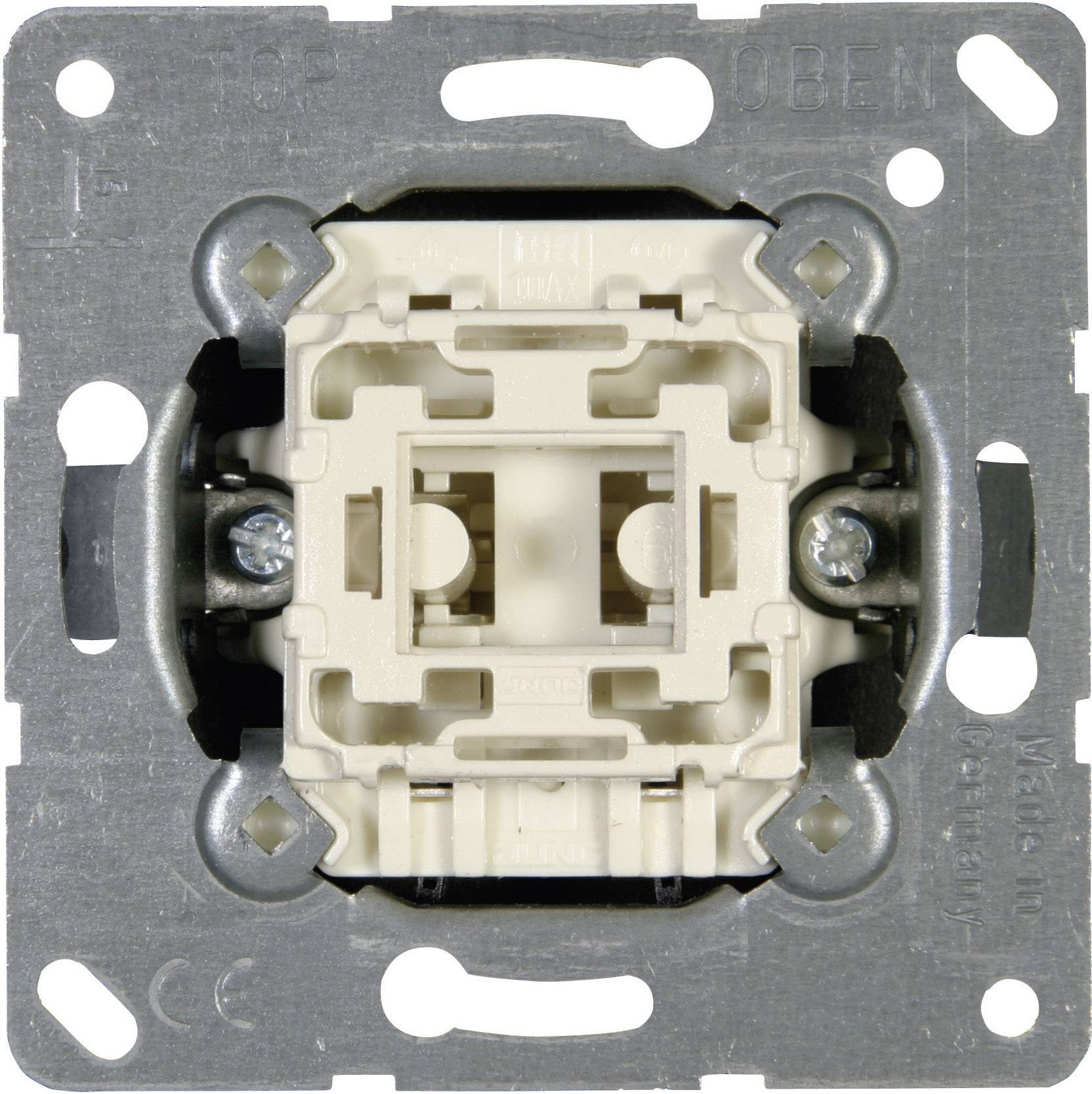 Ein unmontierter Lichtschalter ohne Abdeckung, zeigt die innere Mechanik und Befestigungssockel.